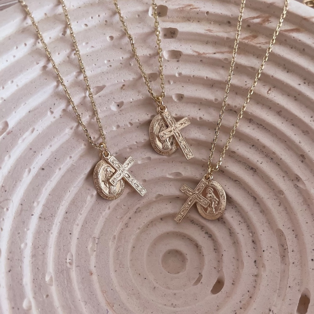 Gold Cross and Virgin Mary Necklace